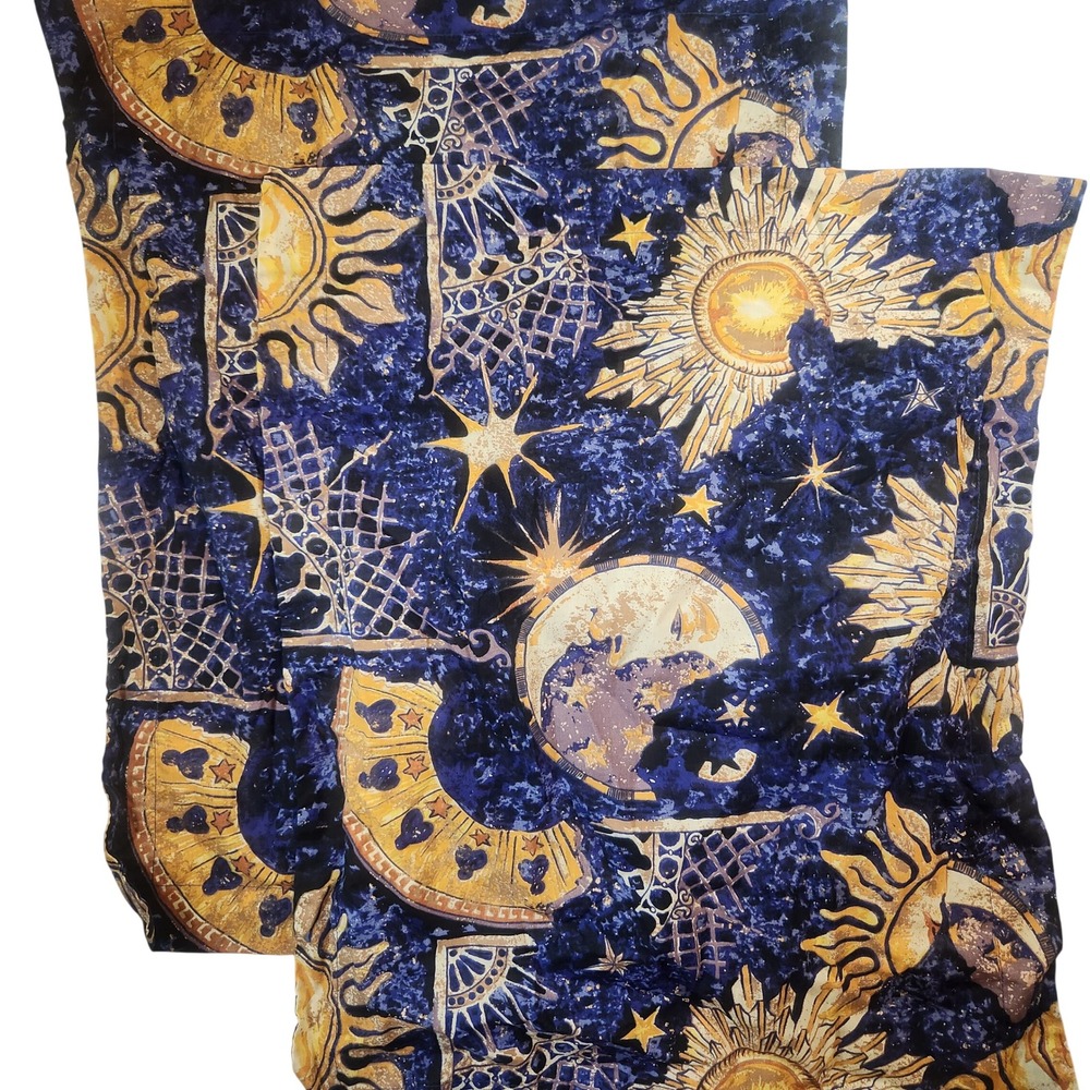 Vintage Celestial Sun Moon Stars Navy Blue Gold Pillow Shams Set of 2 Cosmic